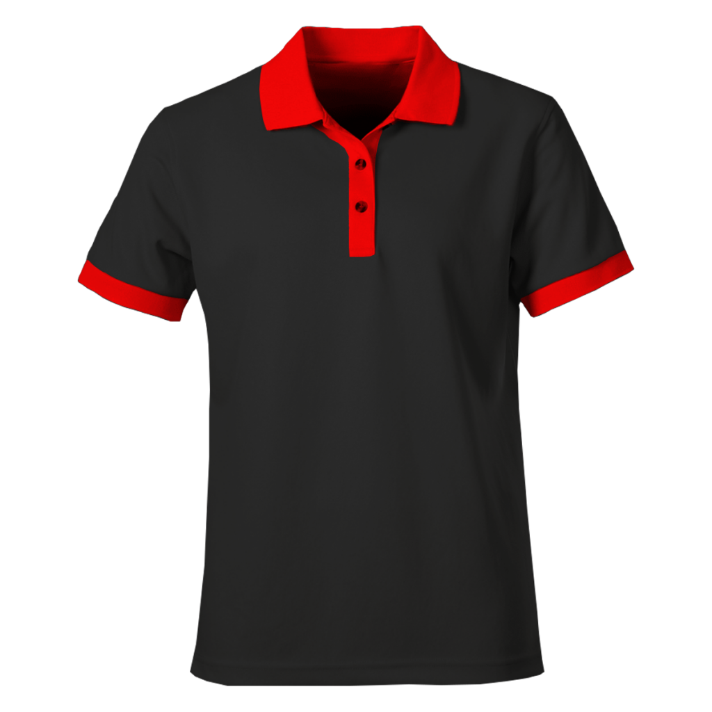 red polo shirt with black collar